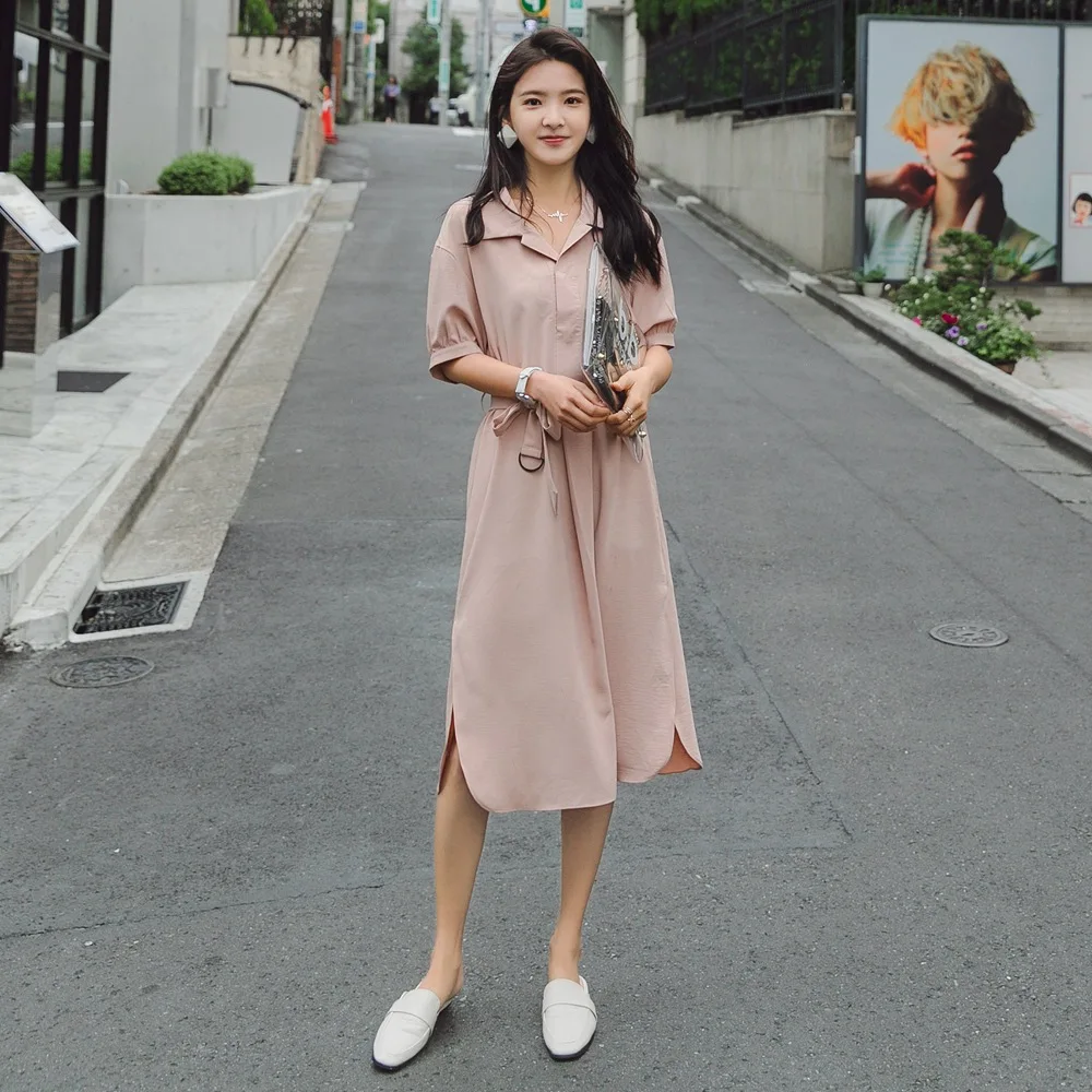 

Photo Shoot 2019 Summer New Style Fashionable INS Korean-style WOMEN'S Wear Retro CHIC Single Breasted Waist Hugging Shirt Dress