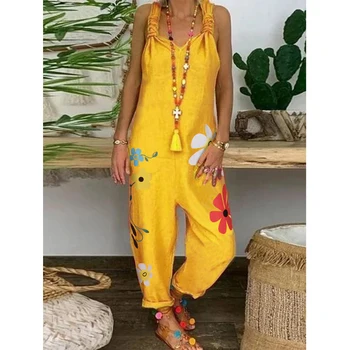 

Flower Print Linen Cotton Jumpsuit Women Loose Plus Size Sleeveless Overalls Casual Lace Up Strappy Long Romper Playsuit