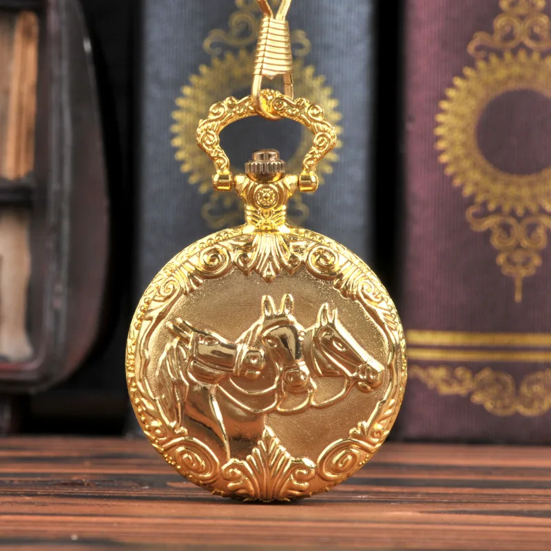 

1044Necklace Pendant Vintage Chinese Animal Bronze Horse Quartz Pocke Watch Running Pattern Gold Hollow