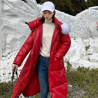 Модные глянцевые Длинные пуховики женские зимние меховые теплые пуховые пальто с капюшоном офисные женские повседневные негабаритные однотонные пальто женская верхняя одежда - Цвет: Red
