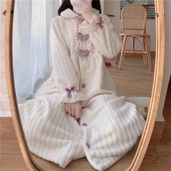 

2020 New Women's Warm Robe Sweet Ins Bow Loose and Versatile Plush Comfortable Cardigan Nightgown House Robe for Women