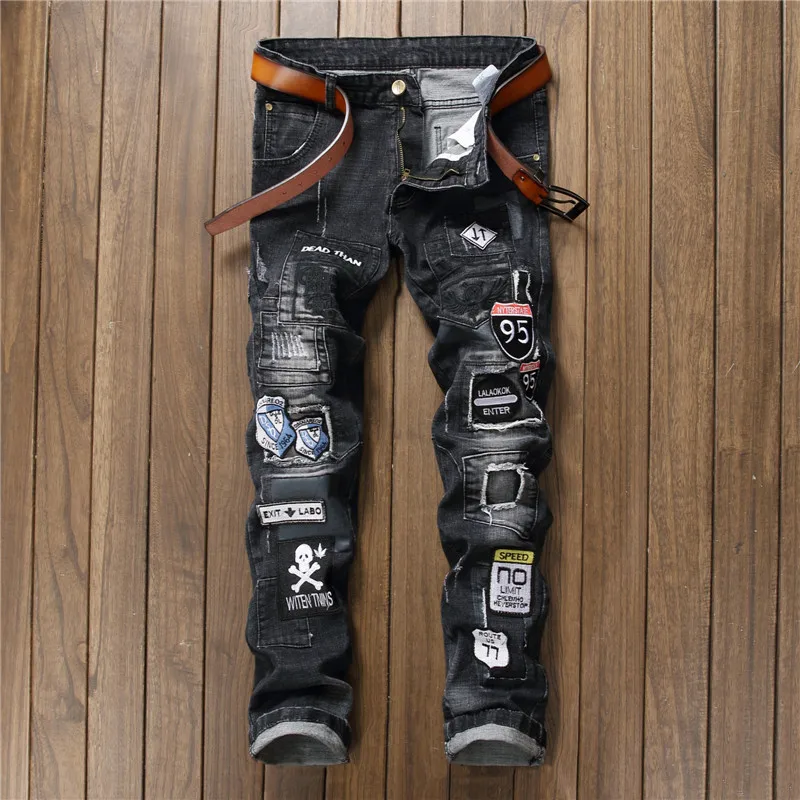 

New Style Trend Hole Patch Retro Men's Trousers Black And White with Pattern Badge Joint Slim Fit No Bombs pencil pants Jeans 80