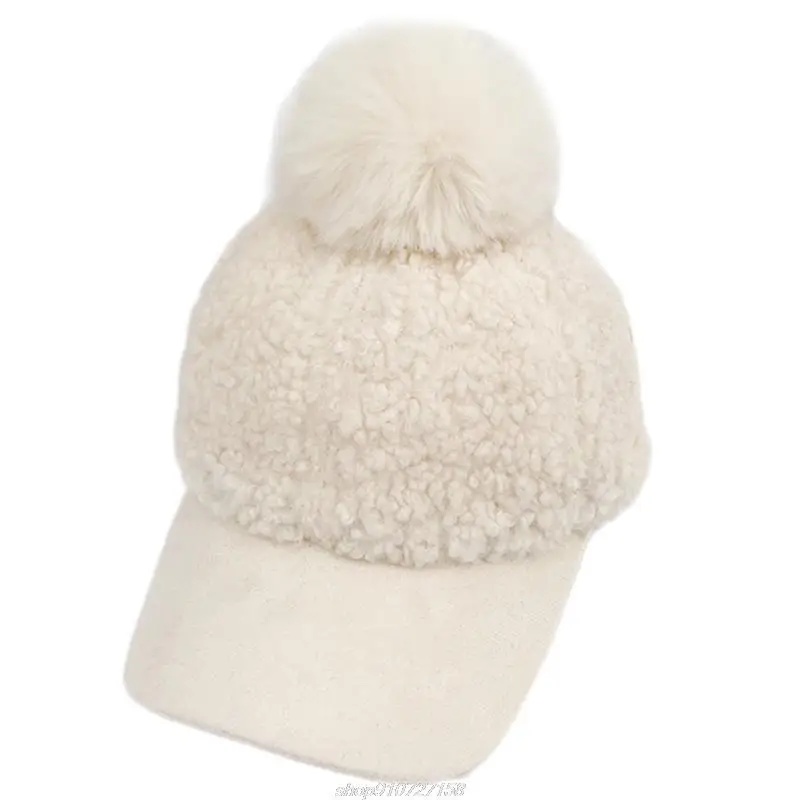 Women Winter Faux Fleece Baseball Peak Cap Fuzzy Warm Solid Color Cute Pompom Hip Hop Sunscreen Visor Brim D08 21 Dropship best baseball caps for women