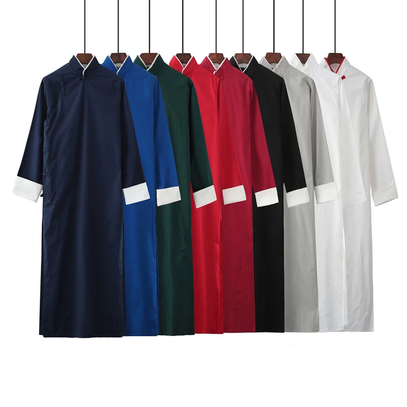 9 Colors Chinese Style Traditional Kung Fu Retro Male Tang Suit Gown Crosstalk Performance Tunic Suit Pure Cotton Linen Gown Chinese Traditional Suit