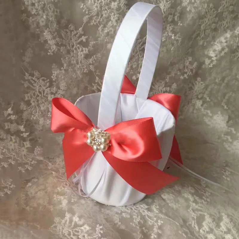 

White Flower Bowknot Pearl Girl Basket With Satin Handle Wedding Basket