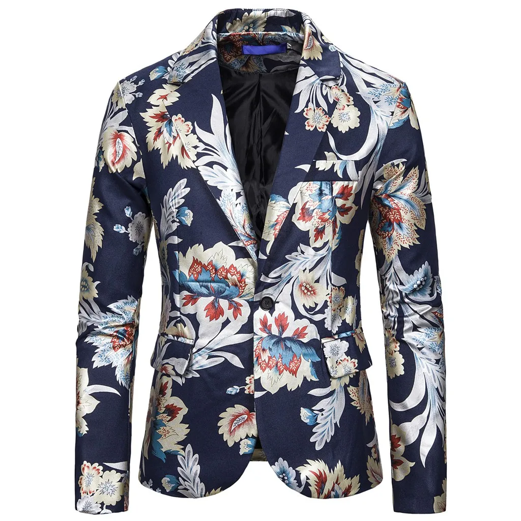 Navy Vogue Men Blazer Nice Party Banquet Size Male Print Retro Blazer Single Button Jacket turn-down Collar Slim Coat Winter Autumn - Цвет: Navy