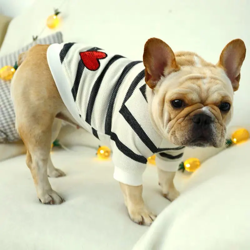 Осенне-зимний свитер в черно-белую полоску с круглым вырезом для домашних животных, свитер с французским бульдогом, костюм для домашних животных