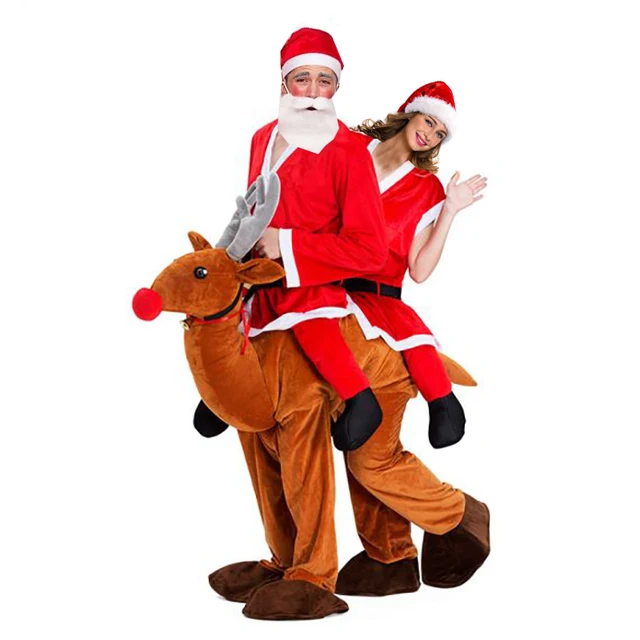 Christmas Santa Claus Ride On Reindeer Mascot Costume Couple Christmas Cosplay Double Person Elk Animal Funny Dress Novelty Toys 1