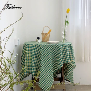 

FSISLOVER Korea ins Plaid Tablecloth Picnic Cloth Decorative Table Cover DIY Curtain Background Cloth Retro Green mantel redondo