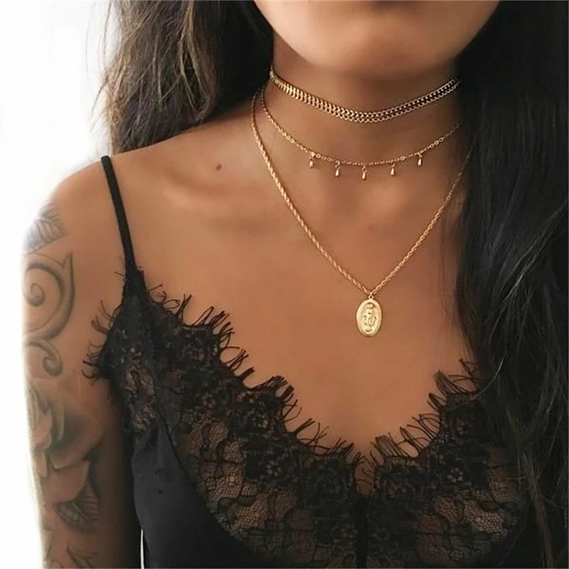 

Bohemia Gold Color Multilayer Crystal Pendant Necklace Jesus Virgin Mary Chain Necklace For Women Jewelry collares de moda 2019