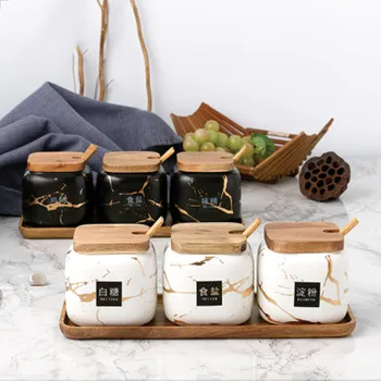 

Matte marble pattern ceramic seasoning jar Set Wood Tray oil and salt shaker household Spice box set kitchen seasoning bottle