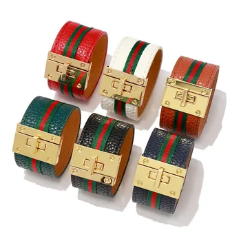 

Hot Punk Bracelet Red Green Cloth Single Glossy Wide Belt Buckle Alloy PU Bracelet 2019 new hot