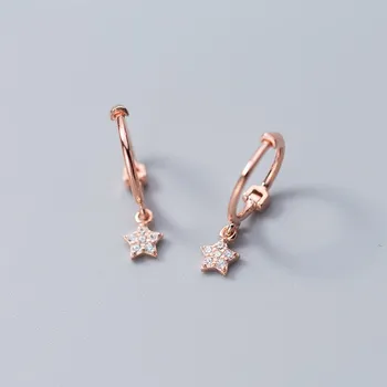

925 Sterling Silver Small CZ Star Hoops Piercing Earrings Rose Gold Color Ear Rings with Cubic Zircon Stone for Women