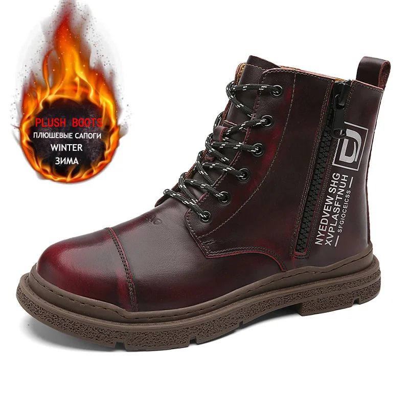 Winter Mens Boots Plush Warm Mens Snow Boots Genuine Leather Mens Waterproof Calf Boots Original Handmade Motorcycle Boots