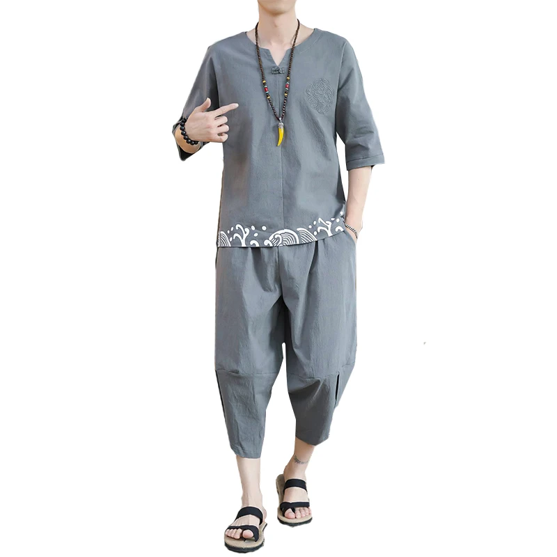 

Large Size Men's Clothing Vintage Tracksuit Summer Solid Home Suit Linen T-Shirt Fashion Male Embroidery Set Chinese 5XL
