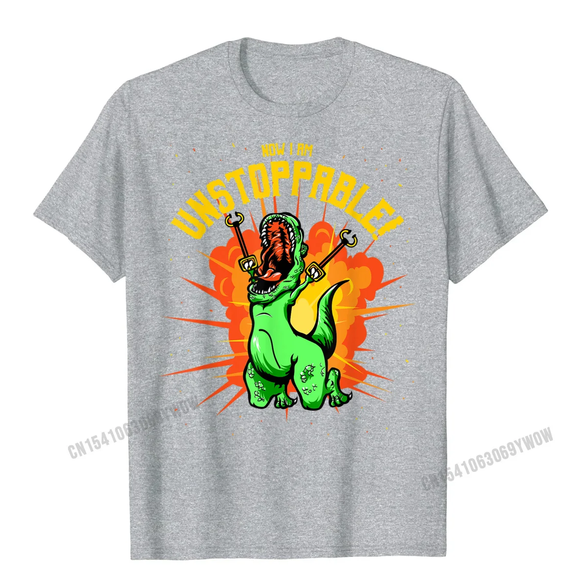 Summer Coupons Men T-shirts O-Neck Short Sleeve 100% Cotton Tops Shirts Family Tops Tees Free Shipping Now I Am Unstoppable T-Rex T-Shirt Funny Dinosaur Claws Tee__979 grey