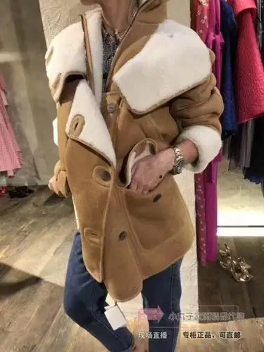 lamb wool jacket Yuxinfeng овечья шерсть пальто для женщин Зима утолщаются полный рукав свободного размера плюс Длинная кожаная куртка женская верблюжья молния пальто с капюшоном - Цвет: lamb wool jacket