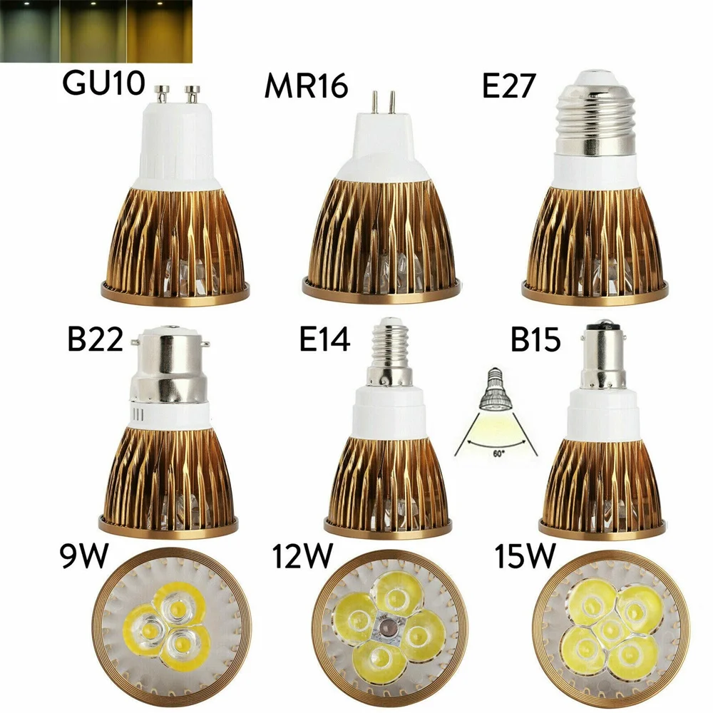 Description Picture 2 of itemGU10 LED Bulb Light Spotlight E12 B22 B15 E27 E14 MR16 DC 12V 9W 12W 15W Replace Halogen Lamp AC 85-240V Energy Saving Lamps
