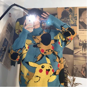 

2019 UYUK Winter New Cartoon Academy Style Loose Fashion Jacquard Sweater Male Couple Small Turtleneck Knit Clothes Masculina