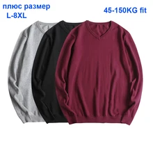 Large Size 8XL Knit Sweater  Men Pullover Sweaters 100% Cotton V-neck Casual Pull Homme Solid Color Mens Basic Pullovers