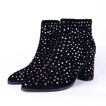 

2020 Fashion 7.5CM Block High Heel Women Ankle Boots Feminine Crystal Pointed Toe Black Booties Size 34-43