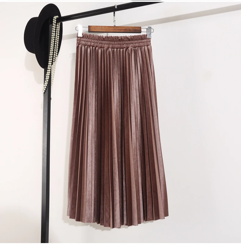 Leather Pink Новинка, бархатные юбки золотистого цвета с высокой талией, женские винтажные плиссированные юбки на осень и зиму, женские юбки трапециевидной формы - Цвет: Leather Pink