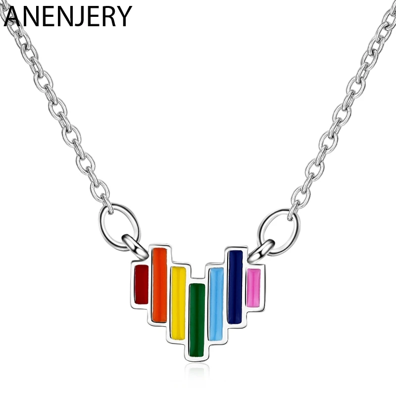ANENJERY 925 пробы Серебряное нежное Радужное красочное ожерелье с подвеской в виде сердца для модных женщин ювелирное изделие подарок S-N485