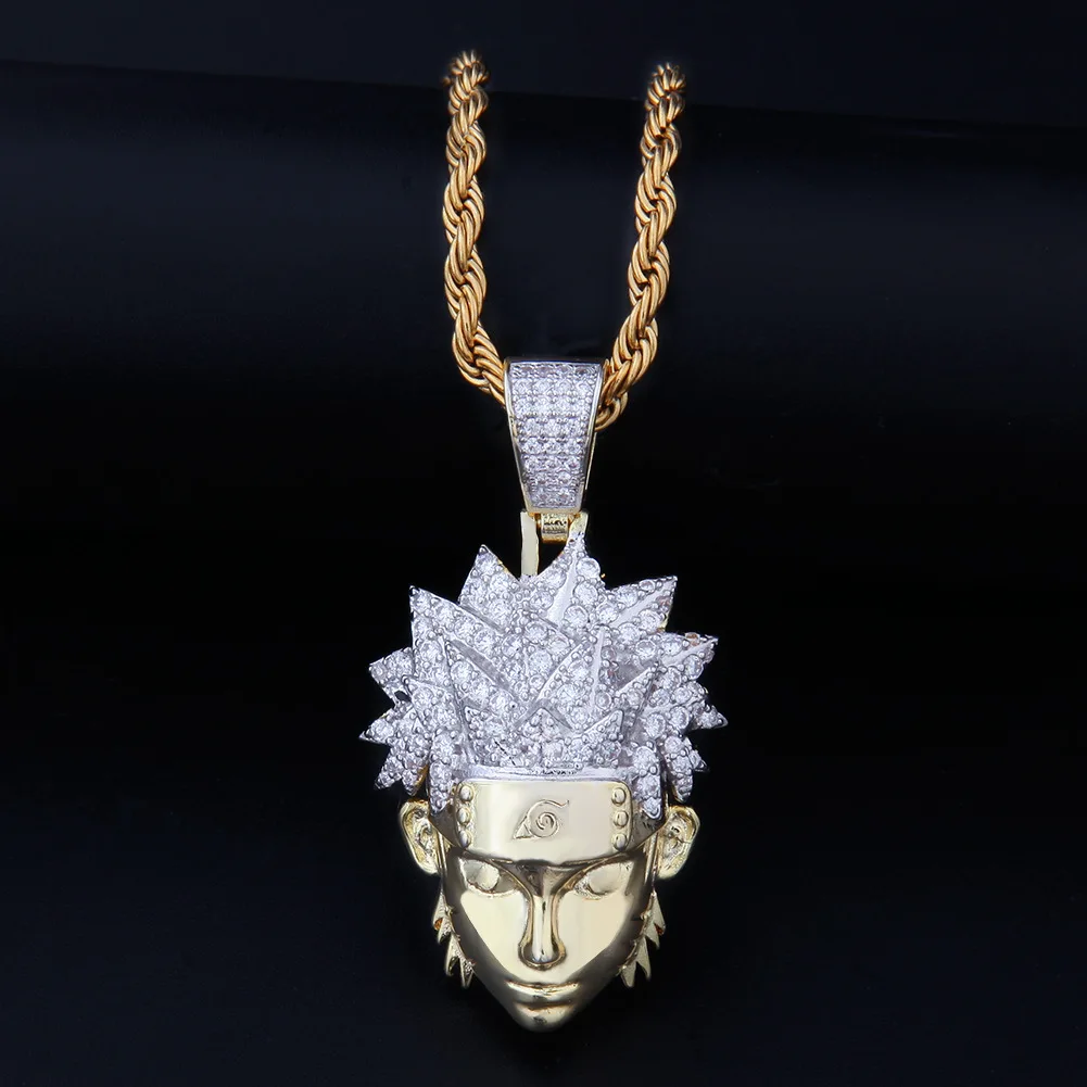 Хип хоп Полный AAA CZ Циркон Bling Iced Out мультфильм Наруто Uzumaki Подвески ожерелье для мужчин Rapper ювелирные изделия золото серебро подарок