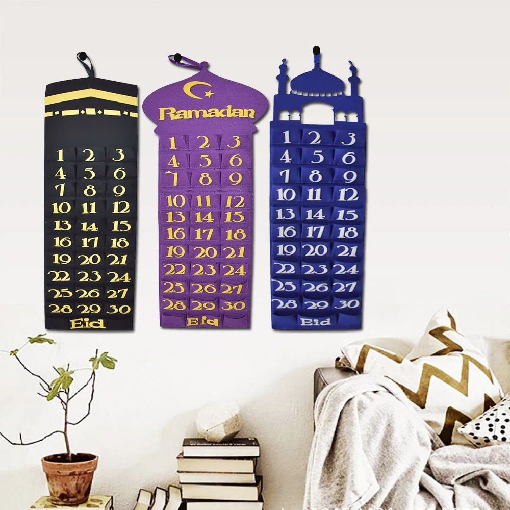 Newest Eid Mubarak 30days Advent Calendar Hanging Felt Countdown Calendar for Kids Gifts Ramadan Party Decorations Supplies