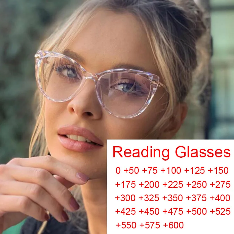 Bereit-Made Transparent Cat Eye Lesebrille Damen 2021 Anti Blau Licht Brillen Rahmen Mode Spiel Punkte Plus 0 zu 6 Oculo