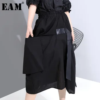 

[EAM] High Elastic Waist Black Irregular Pleated Pocket Stitch Half-body Skirt Women Fashion Tide New Spring Summer 2020 1W932