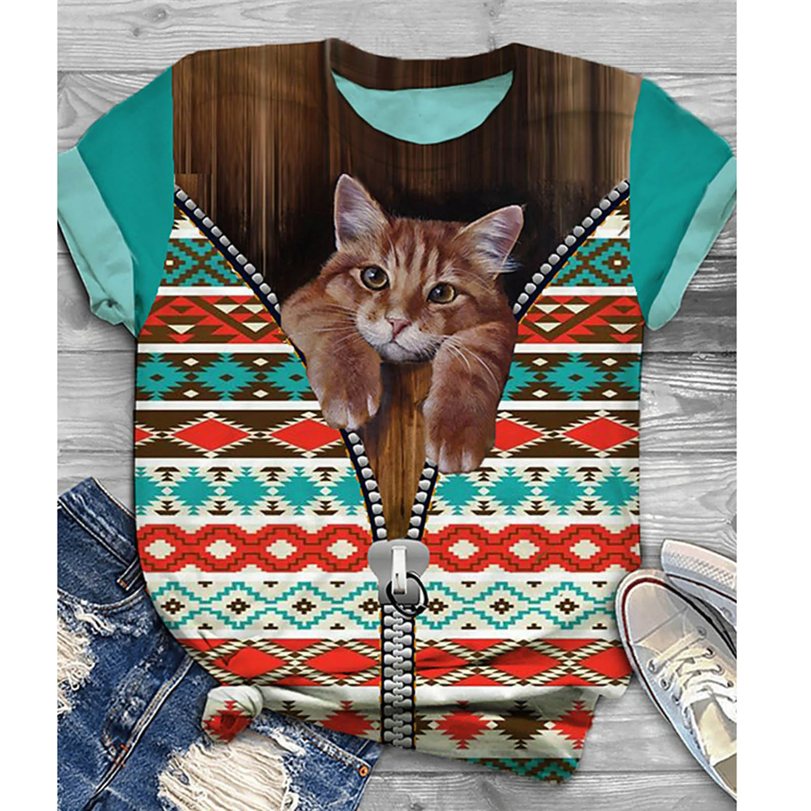 Camiseta Feminina Tee T-shirt Women Short Sleeve 3d Cat Animal Print Striped Casual Top T-shirt Ropa De Mujer футболка женская tees Tees