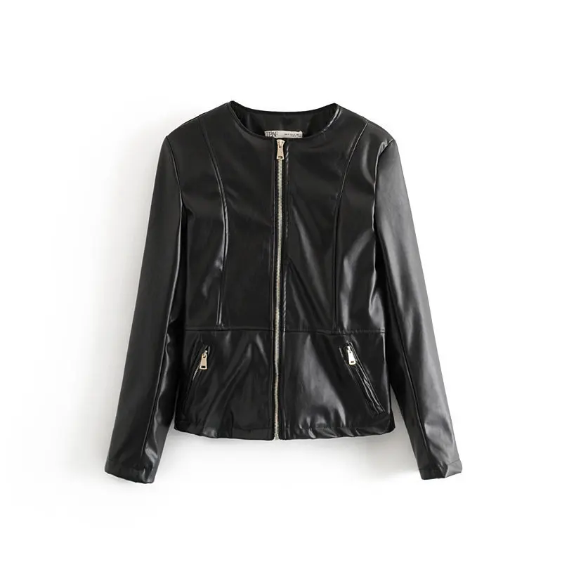 Woah New WF1259 ms- 80 European and American wind round collar zipper locomotive leather PU leather jacket