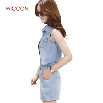 

Turn-down Collar Sleeveless Jumpsuit Women Denim Dual Pockets Single-breasted Vintage Playsuit Overalls Jeans Macacao