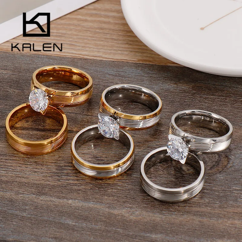 

KALEN Romantic Wedding Rings For Women Man Gold/Silver Stainless Steel Zircon Round Anillos Mujer Engagement Jewelry Gifts