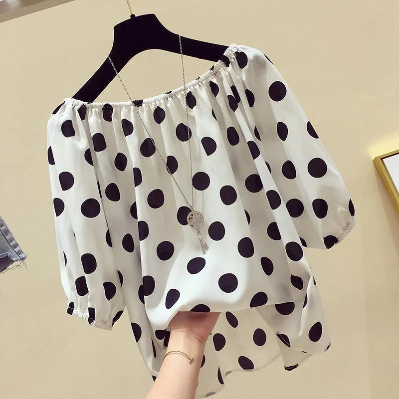 

Women Spring Summer Style Chiffon Blouses Shirts Lady Casual Slash Neck Polka Dot Printed Blusas Tops DF2848