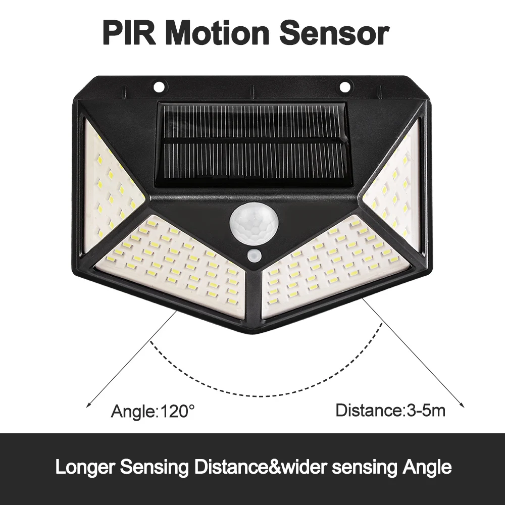 100 светодиодный четырехсторонний светильник на солнечной энергии, 3 режима, угол 270 градусов, датчик движения, настенный светильник, наружные водонепроницаемые садовые лампы
