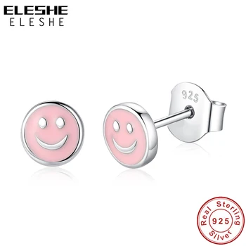 

ELESHE New Fashion Pink Enamel Cute Simle Face Earrings Jewelry Real 925 Sterling Silver Stud Earring for Women Girls Kids Baby