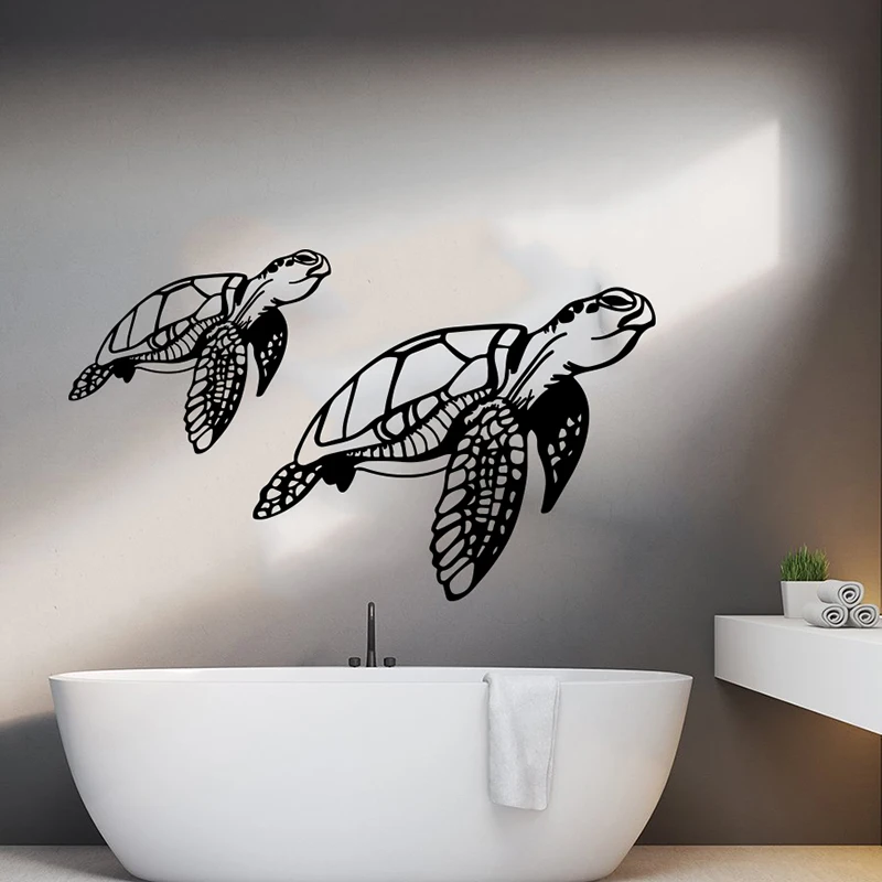 Large 2Pcs Sea Turtle Ocean Animal Wall Sticker Bathroom Kitchen Cartoon Turtle Fish Animal Wall Decal Kids Room Toilet Vinyl  (1)