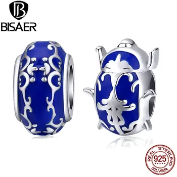 

925 Silver Beads BISAER 925 Sterling Silver Blue Enamel Beetle pave Retro Beads Charms for jewelry making original silver 925