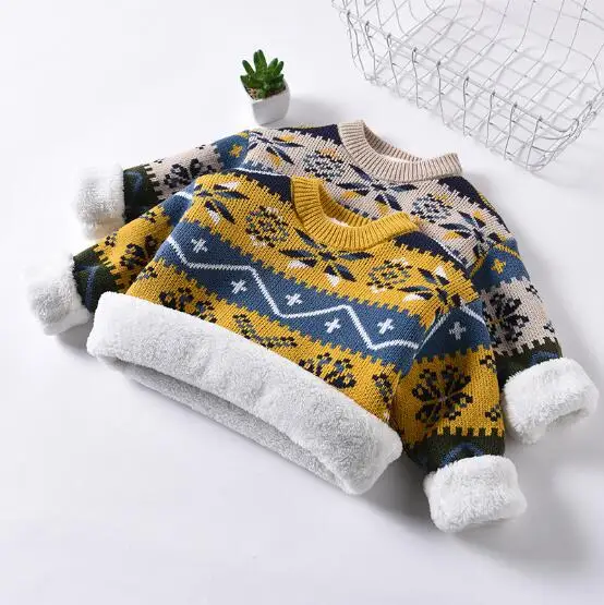Толстый теплый вязаный свитер для маленьких мальчиков и девочек зимняя детская бархатная Верхняя одежда Детские рубашки для маленьких мальчиков топы, джемперы