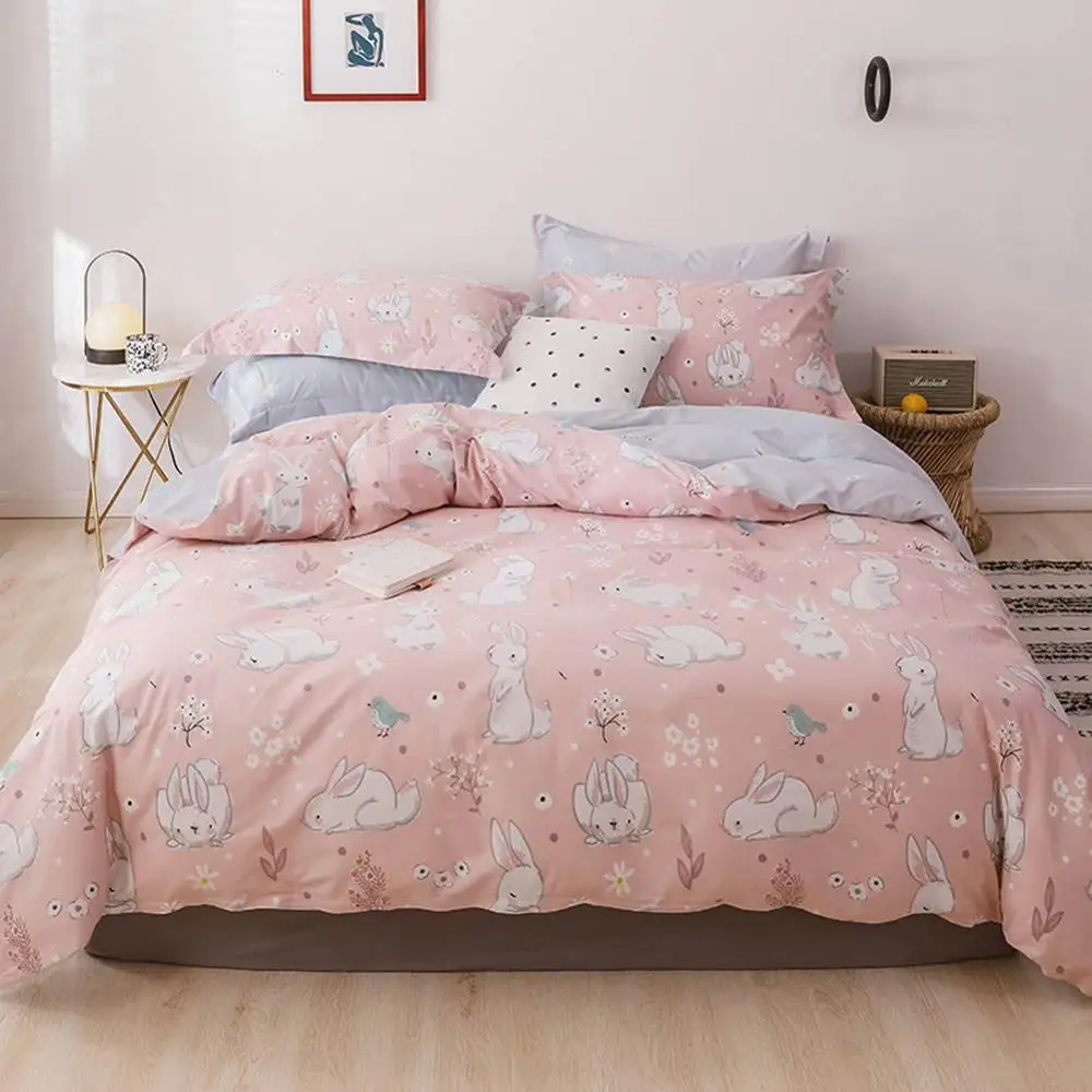 

2019 White Bunny Birds Pink Duvet Cover Set Flat Fitted Sheet Cotton Bedlinens Hypoallergenic Twin Queen King Bedlinens