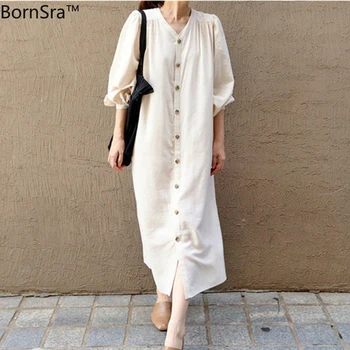 

Bornsra New 2020 Women Summer Dresses Single Breasted Casual Vintage Loose Cotton and Linen Lace Up Long Shirt Dress Female