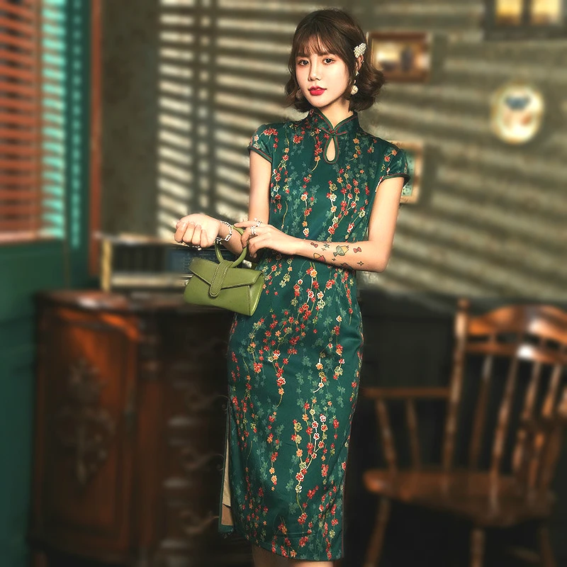 Sheng Coco S 5XL плюс размер Cheongsam Qipao платья зеленый с двойной отделкой красивый Шанхай