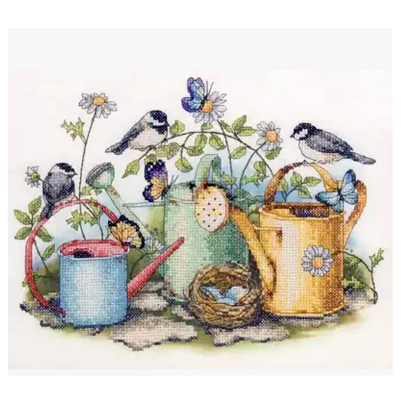 Amishop Counted Cross Stitch Kit Bird Nest Butterflies and Watering Pot Gold Collection Lovely Garden