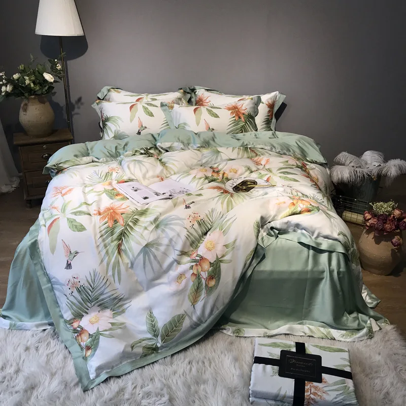 

ANNAs Good Stuff 60s Imported Tencel Bedding Set 4pcs Two-sided Ice Silk Quilt Cover Silk Bedding Article Hot Home Textile Green