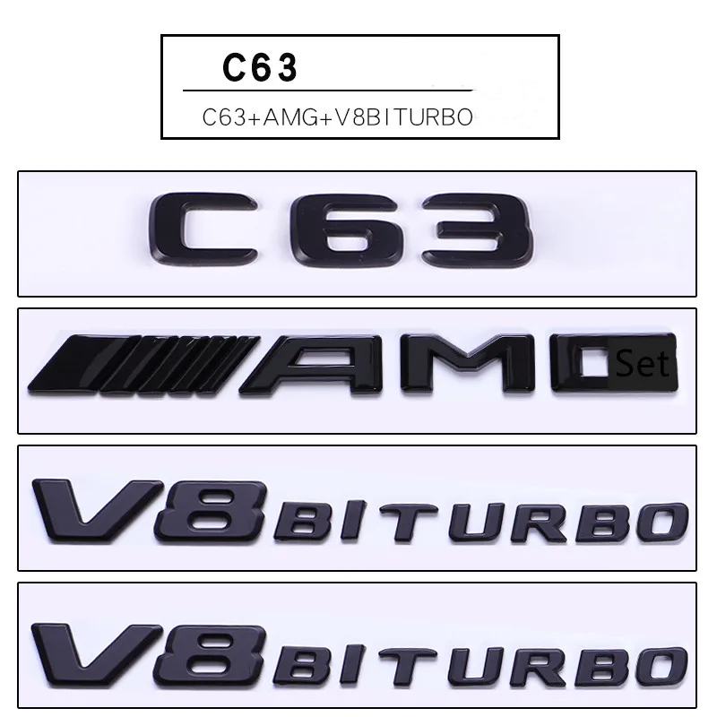 C63 Кузова автомобиля Стикеры багажника буквы Эмблема для Mercedes Benz W205 C43 C63 E43 S63 S63L+ AMG+ BITURBO 4matic+ 3D автомобиля сзади буквы знак - Название цвета: C63