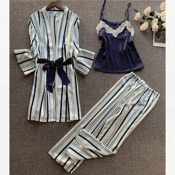 

Silk Printing Pajamas Pyjamas Pajama Set 3 Piece Sleepwear Women Home Clothes Autumn Pijama Mujer Satin Loungewear Pjs Sets