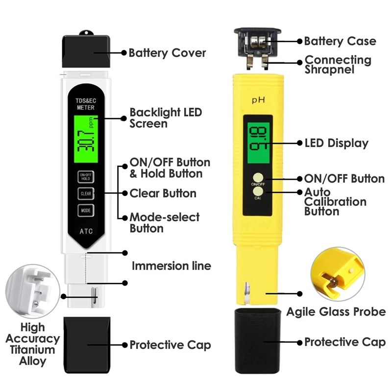 Тестер качества воды 2 в 1 Набор, PH& TDS тестер воды, 0-9990 PPM, EC и измерение температуры