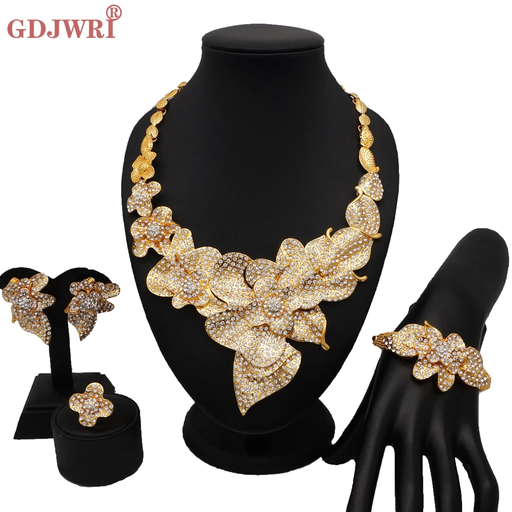 

African Jewelry Sets Fashion Fine Jewelry Set Crystal Necklace Earrings Ring Bracelet Charm Bridal Wedding Jewerly